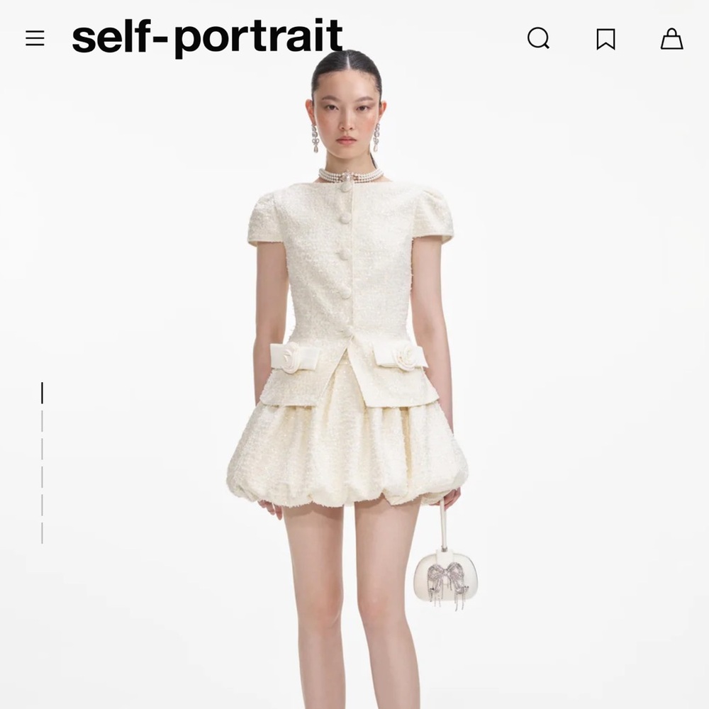 Self Portrait Cream Boucle Bow Detail Mini Dress Size 2
